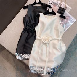 Casual Dresses 2023 Summer Sexy Off-Shoulder Sleeveless Vest Dress Women Fashion Flower Belt Waist-Controlled Silver Sequin Stitching