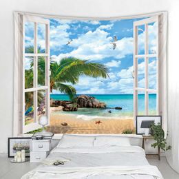 Tapestries Beach Outside The Window Printed Tapestry Cheap Wall Hanging Wall Tapestries Wall Art Deco