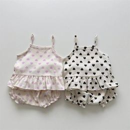 Clothing Sets Girl Versatile Cute Love Camisole Tops Lace Print T-shirt Loose Cotton Bread Shorts Baby Girls Sweet Summer Clothes Suit