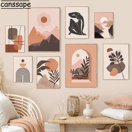 Paintings Boho Wall Posters Plant Leaves Print Pictures Abstract Lines Art Prints Sun Mountain Nordic Poster Living Room Decor 230707