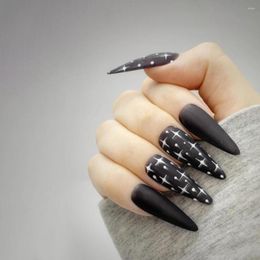 False Nails 24 Pcs Long Almond Press On Matte Black Shiny Star Pattern Fake Artificial Finger Manicure For Women