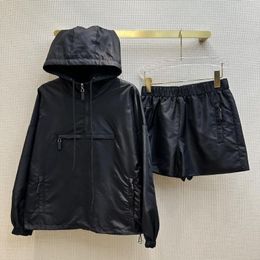 Women's Tracksuits Black Nylon Series Suit With Hooded Half Zipper Pullover Hoodie Elasticated Waist Shorts Skirt