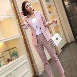 Women's Two Piece Pants Suits Women Work Pink Pant 2 Set Single Buckle Striped Blazer Jacket Trouser Office Lady Suit Feminino