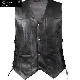 Lights Men Side Lace Denim Style Biker Motorcycle Leather Vest Gun Pockets