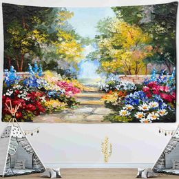 Tapestries Flower Forest Oil Painting Wall Hanging Tapestry Retro Print Decor Flowers Picnic Mat Wall Carpets Dorm Decor R230710