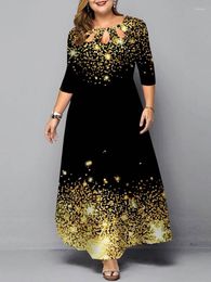 Ethnic Clothing Plus Size Dress 2023 Women Elegant Christmas Floral Print Gold Evening Party Winter O-Neck Hollow Casual Maxi Dresses 5XL