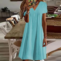 Casual Dresses Short Sleeved Swing Dress V Neck Pleated Button Solid Cotton Linen Comfy Holiday Beach Womens