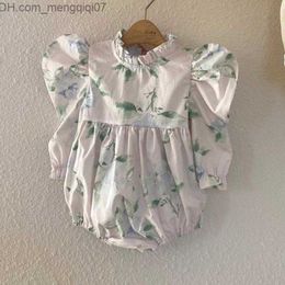 Rompers Spring 2023 New Baby Girls' Long Sleeve Flower Skin-tight garment Cute Flower Print Puff Sleeve Princess Cotton Bodysuit Baby Dress Z230710