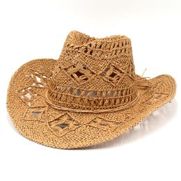 Summer Unisex Hollow Cowboy Hat Hand-Woven Wide Brim Jazz Straw Sun Hat Breathable Cool Outdoor Beach Panama Cap Sombrero Mujer