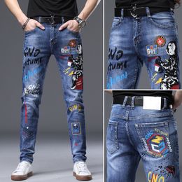 Mens Jeans High Quality Print Slimfit Stretch Denim Pants Monkey Prints Decors Blue Wash Scratches Casual Jeans; 230710