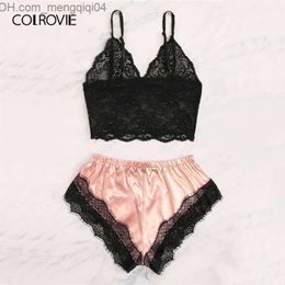 Bras Sets COLROVIE Floral Lace Bralette With Satin Shorts Lingerie Set Women 2019 Summer Sexy Sets Ladies Bra And Panty Underwear Set Y200708 Z230710