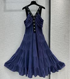 Casual Dresses Vacation Holiday Women Spaghetti Strap Deep Blue Buttons V-neck Big Hem Long Dress