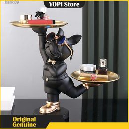 Decorative Objects Figurines Resin Dog Statue Room Decor Butler Sculpture with 2 Trays for Storage French Bulldog Figurine Home Decoration Table Ornaments T230710