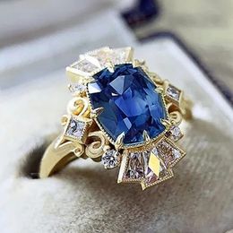 Huitan Geometric Navy Blue Cubic Zirconia Rings Women for Wedding Anniversary Party Trendy Luxury Lady's Accessories Fancy Gift