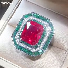 With Side Stones KQDANCE Large Rectangle Created 12 14mm Emerald Ruby Gemstone Diamond Rings Big Green Red Stone Luxury Jewelry For Women 230710