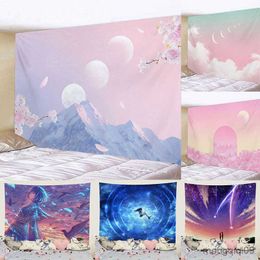 Tapestries Tapestry Girl Healing Department Mountain Cherry Blossom Colourful Sky Creative Abstract Fashion Background Decoration Cloth R230710