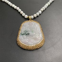 Pendant Necklaces 2023 Pure Natural Raw Mineral Jadeite Landscape Carving Necklace Bead Jewelry