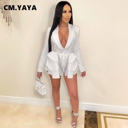 Urban Sexy Dresses CM YAYA Women White Black Ruffles Hem Notched Neck Long Sleeve Blazer Style Dress for Office Lady Mini 230707