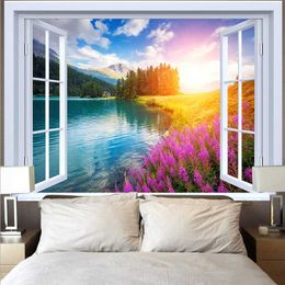 Tapestries Landscape Outside The Window Tapestry Mountain Lake Sunset Natural Scenery Wall Hanging Aesthetic Room Bedroom Decor Background