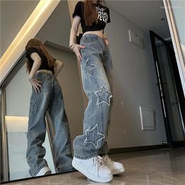 Women's Jeans Blue Star Embroidery Women Y2k Vintage Streetwear Straight Wide-legged Pants Woman