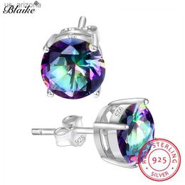 Blaike Mystic Rainbow Topaz Zircon Round Stone Stud Earrings For Women % Genuine 925 Sterling Silver Earrings Wedding Studs L230620