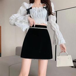 Skirts Studded Beaded Velvet Half Skirt 2023 Fall High Waist Thin Anti Light A-line Package Hip Suit Short Mini