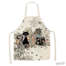 Kitchen Apron Cute Cat Pattern Kitchen Apron Linen Adult Kids Home Cleaning Aprons Home Cooking Baking Accessories Aprons 68x55cm R230710