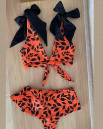 Women's Swimwear 2023 Print Bikini Ruffle Deep-V High Waist Swimsuit Summer Biquini Beachwear Bathing Suit Monkini Female