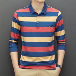 Men's Polos 95% Cotton Polo Shirt for Men Long Sleeve Striped Autumn and Spring Male Polo Shirt Korean Style Clothing Casual Tops Shirts 230710