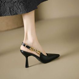 Dress Shoes 2023 Autumn Women's 9.5cm Compact High Heels French Chain Buckle Sandals Office Women's Casual Shoes Black and White Sizes 34-39 Z230711