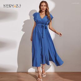 Casual Dresses KEBY ZJ Lady Summer Solid Color Human Cotton Party Midi Dress V Neck Blue Long Elegant For Women