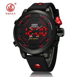 OHSEN Clock Men LED Digital Date Day Dual Movements Alarm Silicone Sport Quartz Wrist Watch Relogio Esportivo