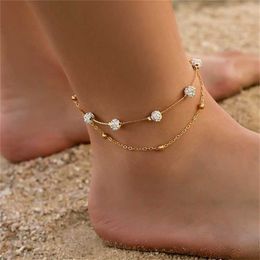 Anklets One Piece Double Layer Rhinestone Crystal Ball Spacer Beads Ankle Bracelet for Women Summer Handmade Jewellery Accessories 230607