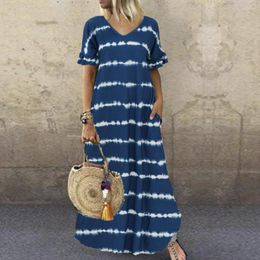 Casual Dresses Summer Stripe Printed Maxi Dress For Women V Neck Ruffles Short Sleeve Loose Pockets Long Lady Vestidos Plus Size