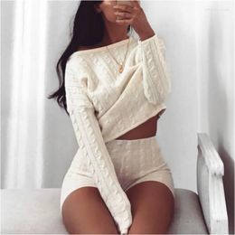 Women's Sleepwear 2023 Women Two Piece Set Knitted Long Sleeve Crop Tops And Bodycon Shorts Suit Sexy 2 Outfits