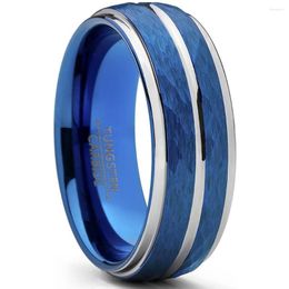 Wedding Rings 8MM Men's Fashion Groove Stainless Steel Ring Blue Meteorite Inlaid Engagement Band Jewellery Gift For Him Size 6-13