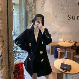 Women's Suits 2023 Spring Autumn Vintage Pit Streaks Corduroy Women Black Blazers Loose Double Breasted Lapel Long Sleeve Casual Suit Jacket