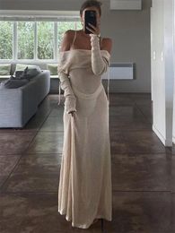 Capris Tossy White Crochet Hollow Out Midi Dress for Women Long Sleeve Casual Dress Beach Holiday Seethrough Summer Dress Coverup