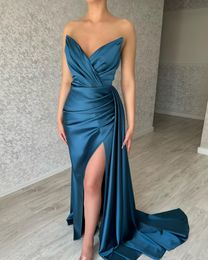 Glamourous Navy Blue Prom Dresses V Neck Satin Evening Gowns Pleats Slit Formal Long Special Ocn Party Dress 0606