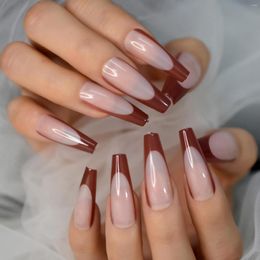 False Nails Glossy Natural Nude Press On Fingernails Brown French Coffin Fake Extra Long Ladies Designed Tips Party Finger Wear