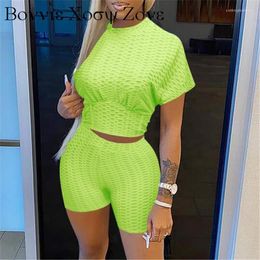 Women's Sleepwear Women Summer Causal Bubble Fabric Short Sleeve Crop Corset T-shirt & High Waist Shorts Set