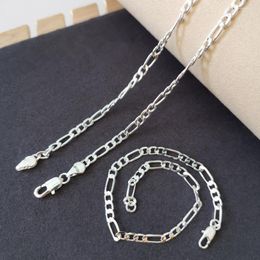 Necklace Earrings Set Pure Silver 925 Jewelery Sets For Men 4mm Figaro Chain Bracelet & Man's Jewellery 2pcs Accesories Party Gifts