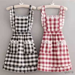 Kitchen Apron Fashion Breathable Cute Plaid Home Apron Ladies Thin Princess Skirt Kitchen Work Clothes R230710