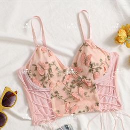 Women's Tanks NOTCC Butterfly Embroidery Pink Camis For Young Women Fashion Spice Spaghetti Straps Lace Up Design Tops Edgy Clothes Y2k