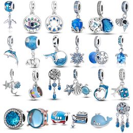 925 Sterling Silver New Fashion Women Pandora Charm Beads Light Blue Charm Butterfly Shark Octopus Turtle Hanging Bead Suitable for Bracelets and Bracelets