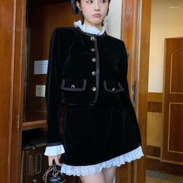 Work Dresses Celebrity Lady Hepburn All Black 2 Piece Suit Fall Winter Fashion Lace Hem Short Jacket Coat&Mini Skirt Sets Velvet 2pc Outfits