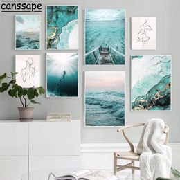 Paintings Ocean Wall Posters Turquoise Marbling Print Pictures Body Lines Art Prints Nude Canvas Nordic Poster Living Room Decor 230707