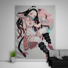 Tapestries Demon Slayer Kamado Nezuko Tapestry Anime Tapestry Wall Hanging Aesthetic Bedroom DecorativeTapestries Blanket Sofa Cover Carpet R230710