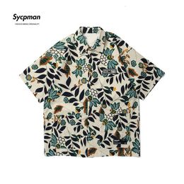 Men's Dress Shirts Sycpman Oversize Retro Floral Printed Short Sleeve Shirt Loose Casual for Men Shirts Cotton Mens Clothing Hawaiian 230710