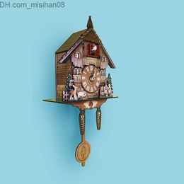 Wall Clocks Nordic Vintage Wooden Cuckoo Wall Clock Cuckoo Report Perforated Alarm Clock Living Room Decoration Craft Unique Clock Z230711